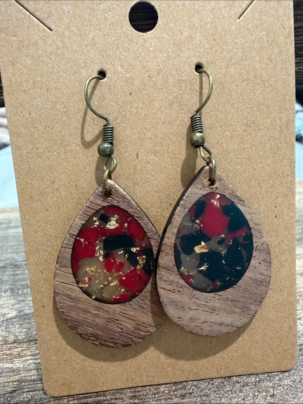 Teardrop Wood Earrings with Red and Black Resin Inlay